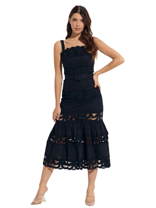 Tiered Lace Solid Cotton Belted Dress