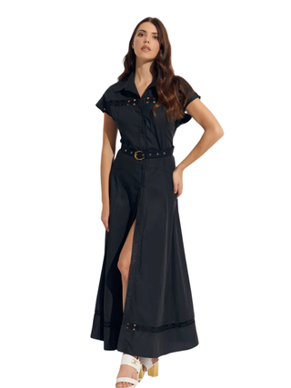 Shirt Collar Short Sleeve Belt Solid Maxi Dress