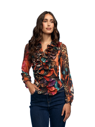 Animal Mix Media Ruffle Mesh Blouse