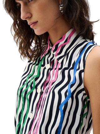 Woven Stripe Print Straight Dress With Waist Sash