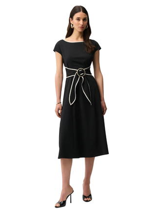 Strech Woven Color Block Fit and Flare Dress With Sash