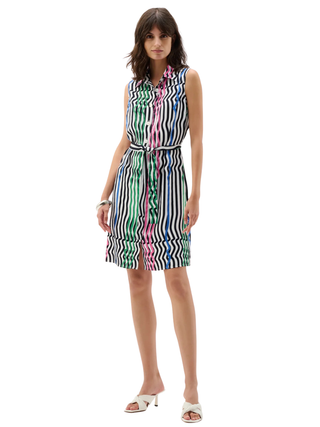 Woven Stripe Print Straight Dress With Waist Sash