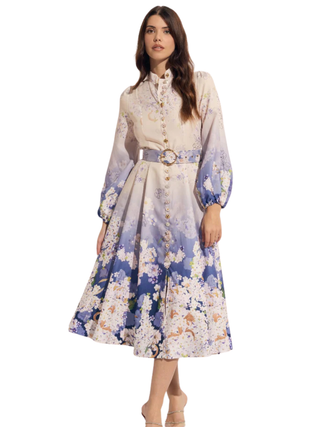 Long Sleeve Hydra Floral Tea Length Print Dress