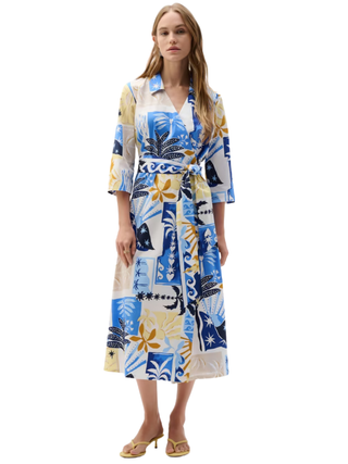 Stretch Cotton Tropical Print A-Line Wrap Dress
