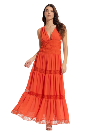 Double V-Chiffon Lace Combo Maxi Dress