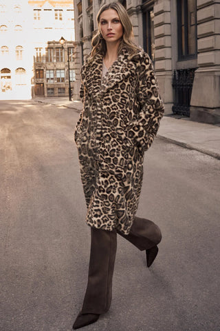 Faux Fur Leopard Print Straight Coat